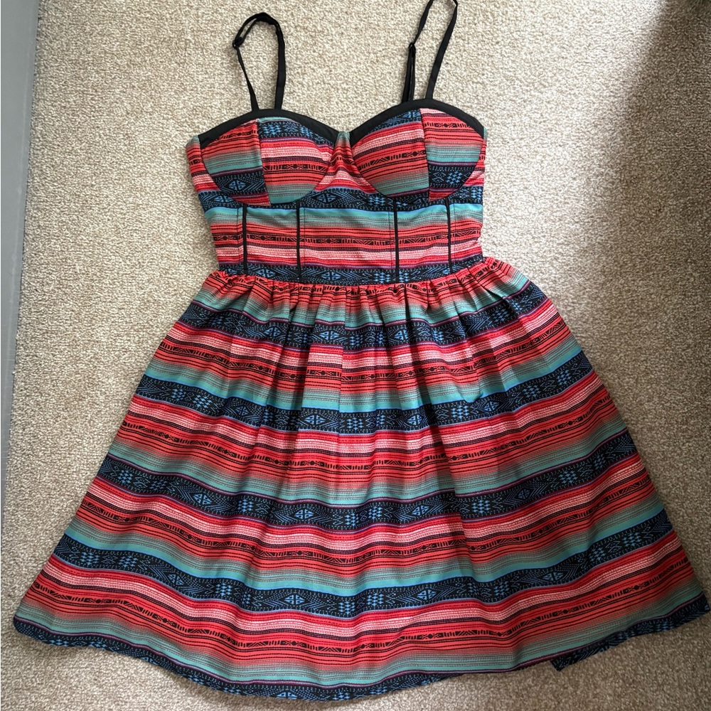 Band of Gypsies Sweetheart Striped Mini Dress in Coral & Teal